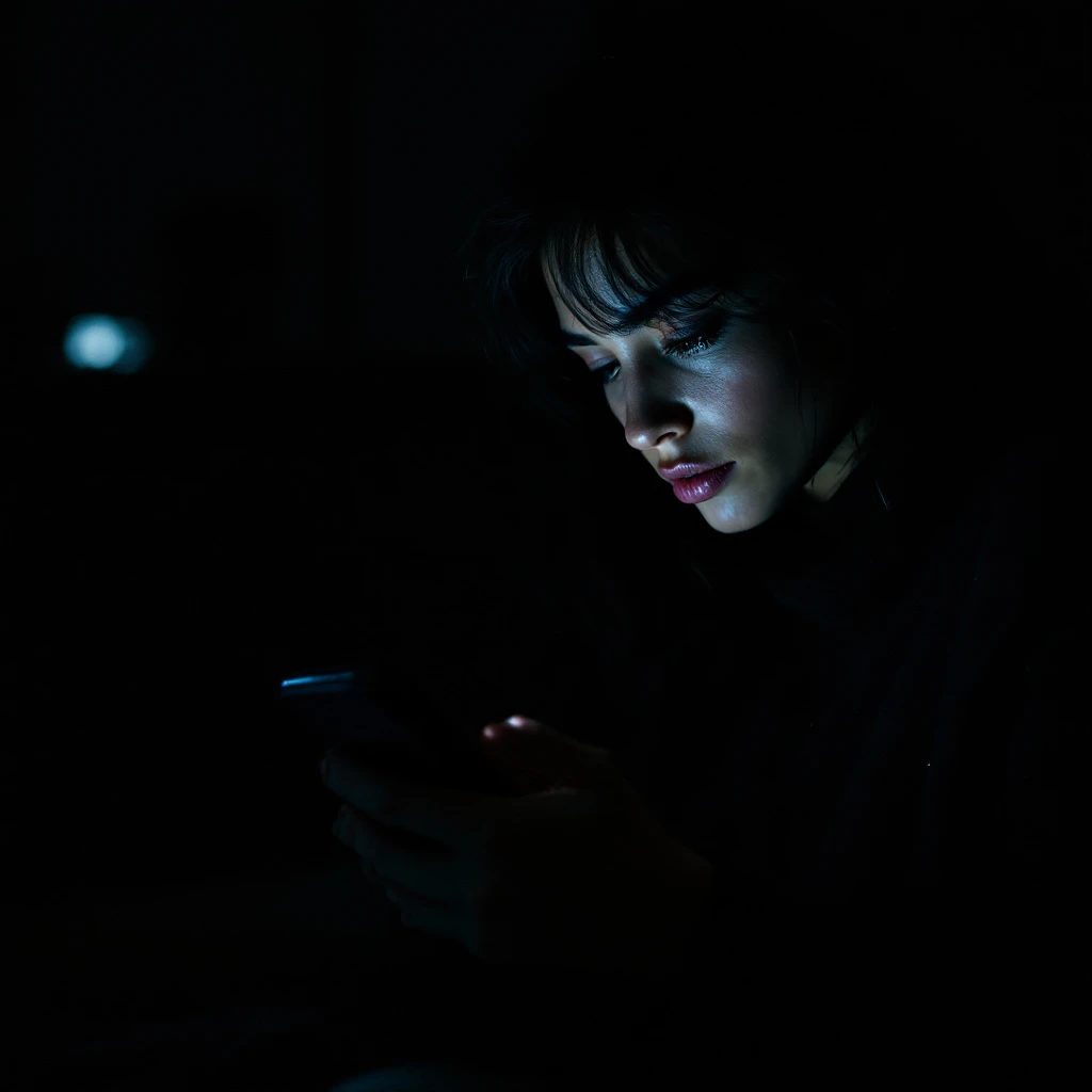 A woman alone, face lit by a phone screen in the dark