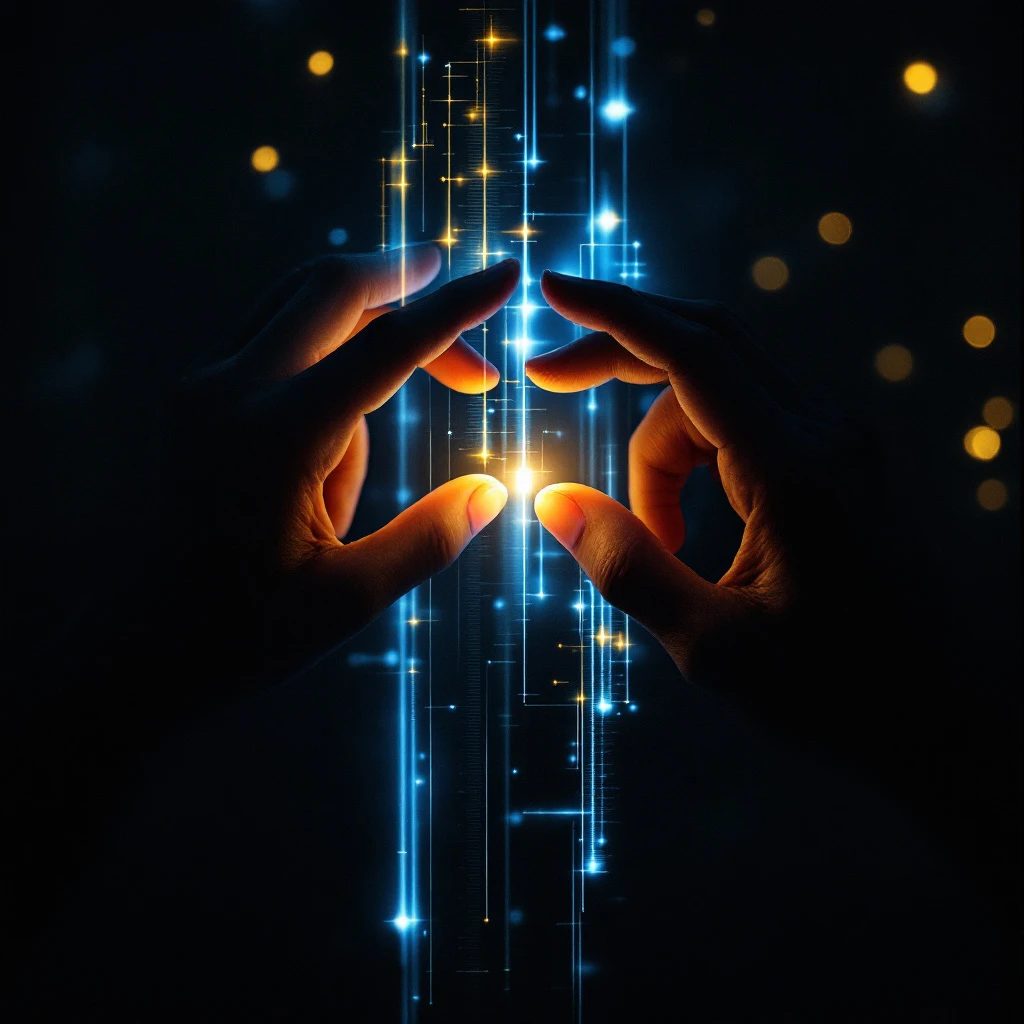Hands almost touching, separated by a digital interface